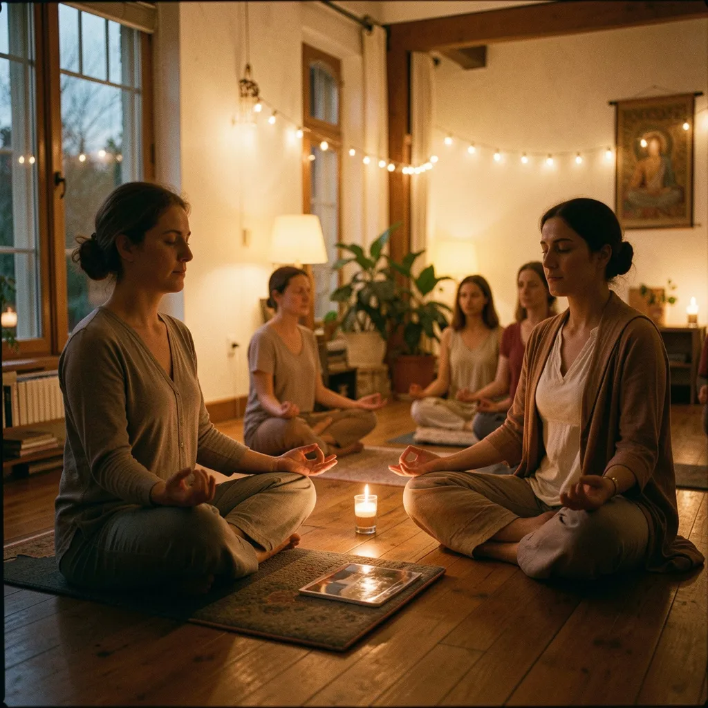 Cushions and low tables under violet ambient light